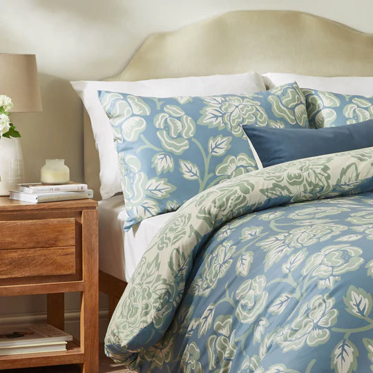 Camellia Printed Soft Touch Duvet Cover Set French Blue