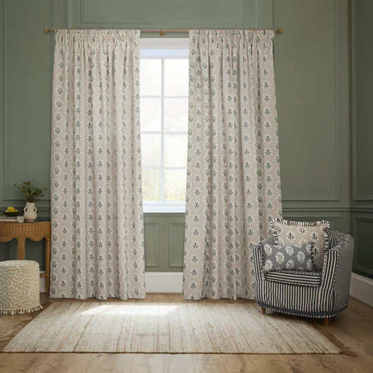 Sessile Leaf Motif Pencil Pleat Curtains Flax