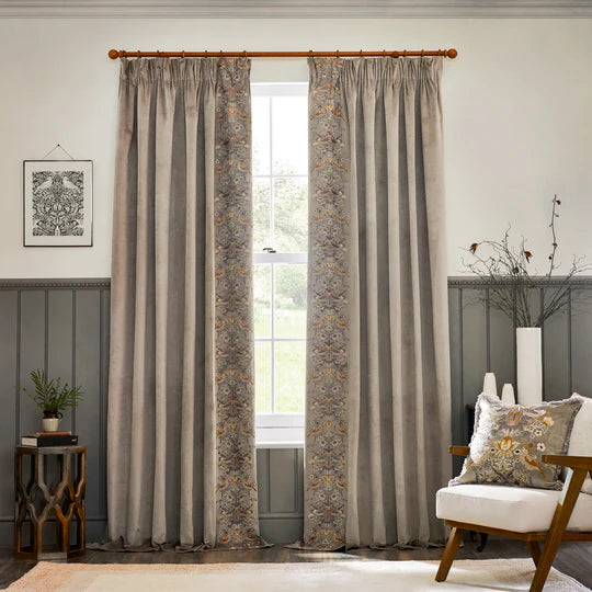 Strawberry Thief Embroidered Floral Velvet Pencil Pleat Curtains Biscuit