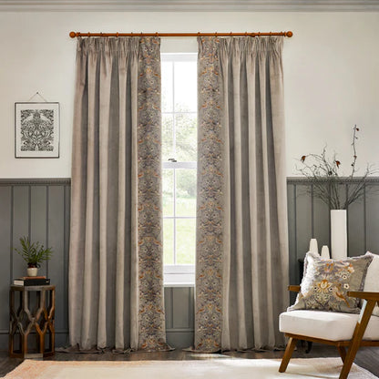 Strawberry Thief Embroidered Floral Velvet Pencil Pleat Curtains Biscuit