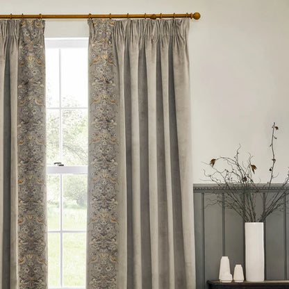 Strawberry Thief Embroidered Floral Velvet Pencil Pleat Curtains Biscuit