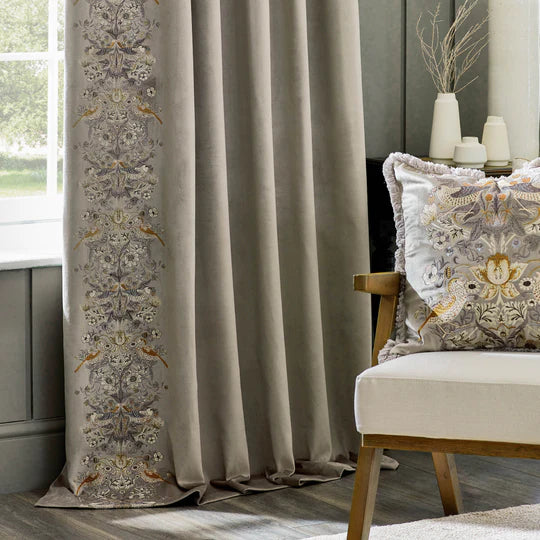 Strawberry Thief Embroidered Floral Velvet Pencil Pleat Curtains Biscuit