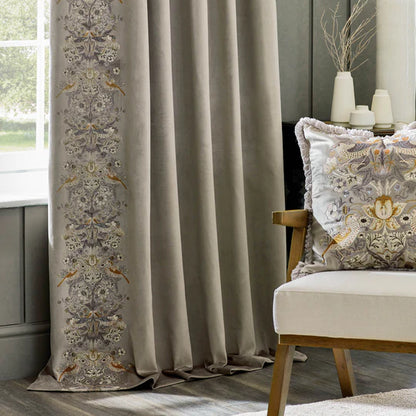 Strawberry Thief Embroidered Floral Velvet Pencil Pleat Curtains Biscuit