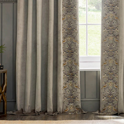 Strawberry Thief Embroidered Floral Velvet Pencil Pleat Curtains Biscuit